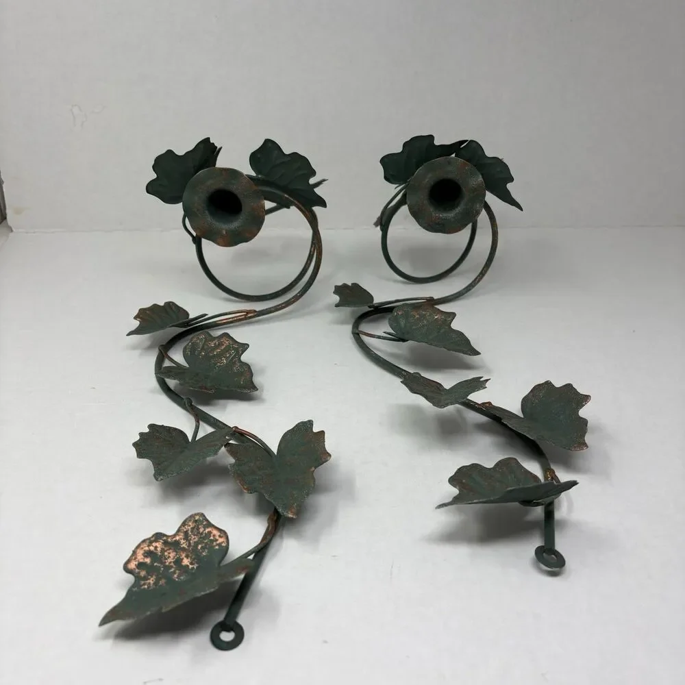 Vintage Home Interiors Metal Ivy Leaf Wall Sconce Candle Holder Pair Green 90s